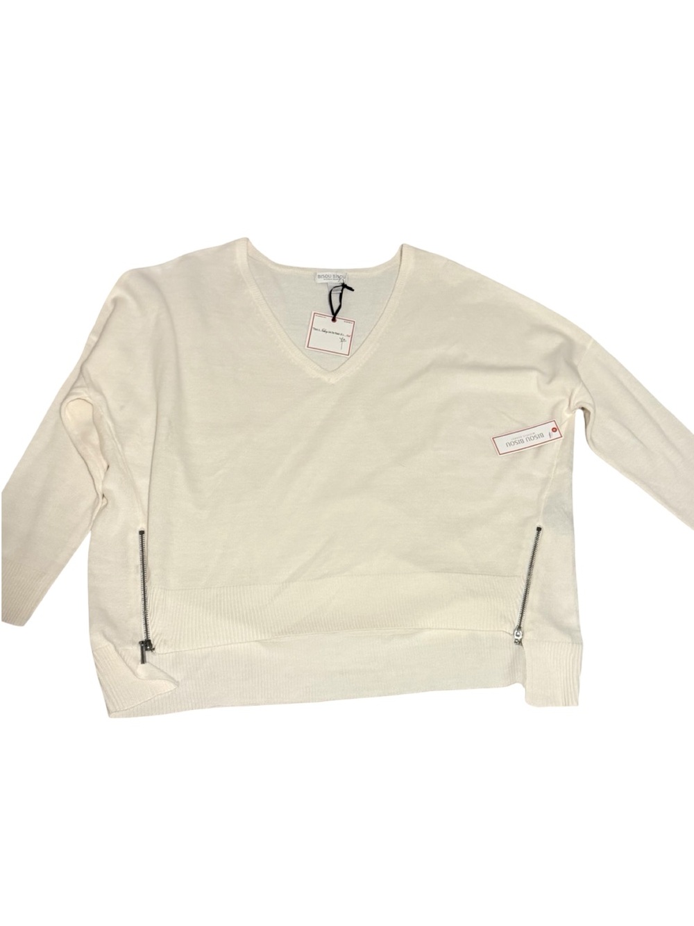 Bisou Bisou Cream V Neck Sweater Zip Hem Long Sleeve Soft Knit NWT LARGE